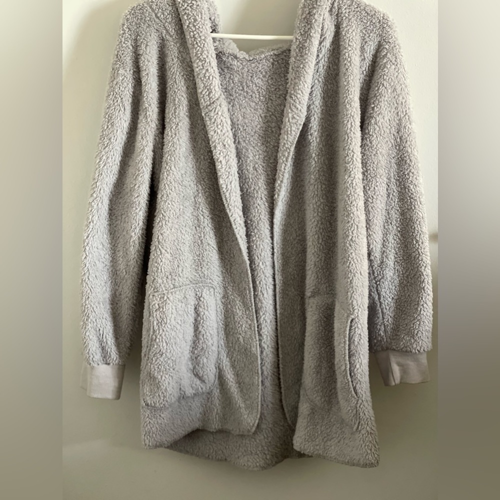 Grey Furry Cardigan w hood / Warm /